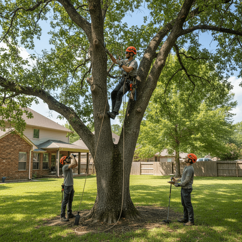 Arborist inspecting a tree while talking with a homeowner standing nearby