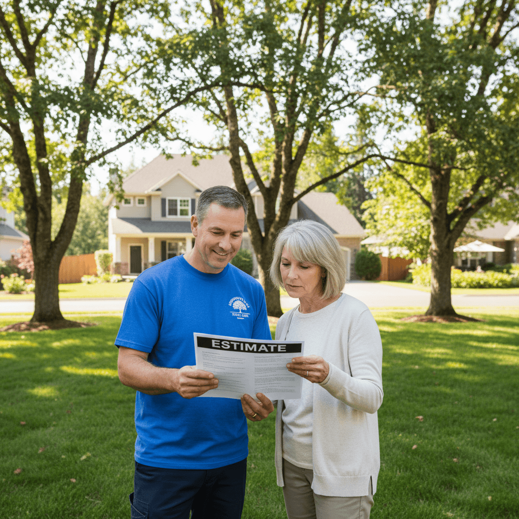 Arborist showing a homeowner a written estimate in the front yard