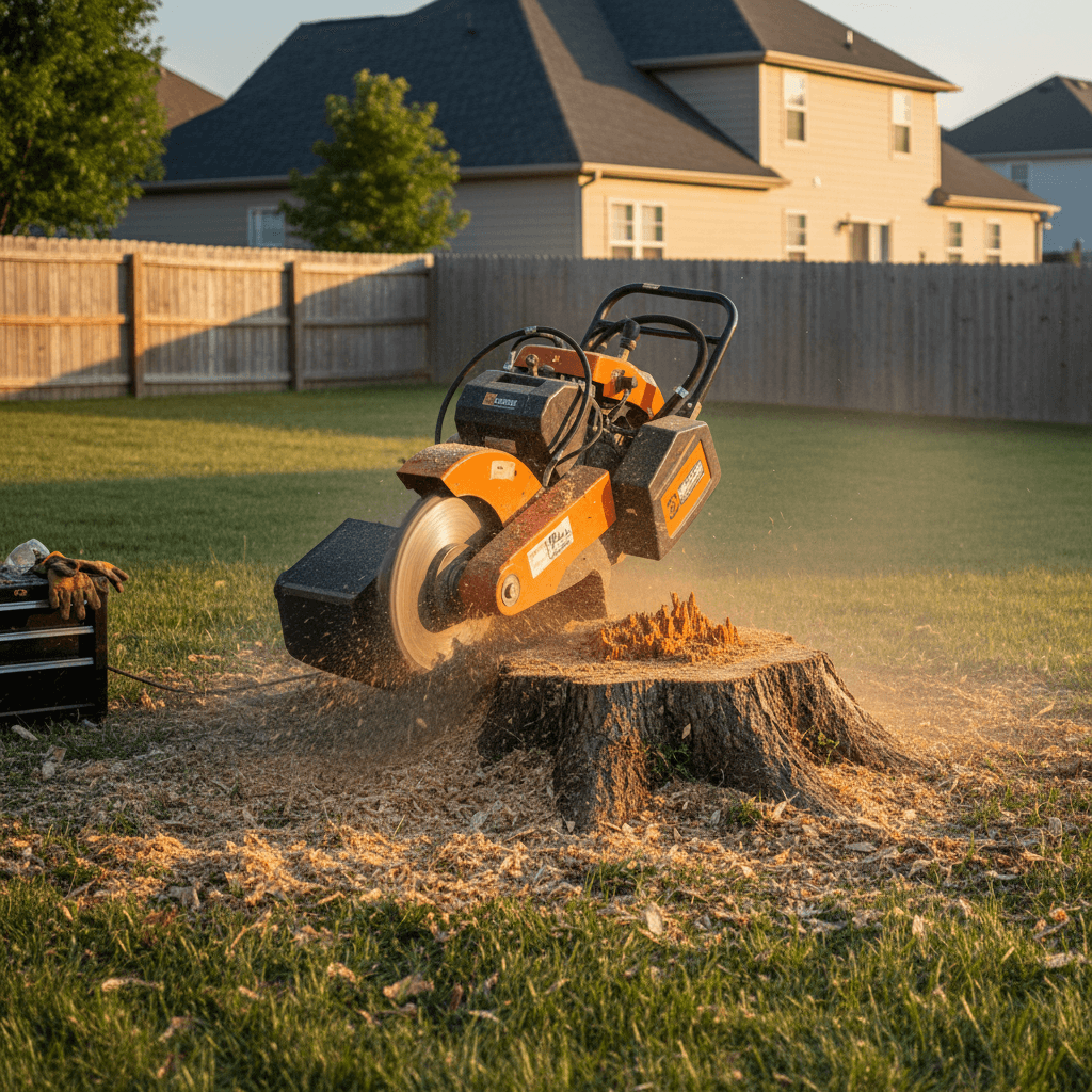 Stump grinder machine grinding down a tree stump in a residential yard