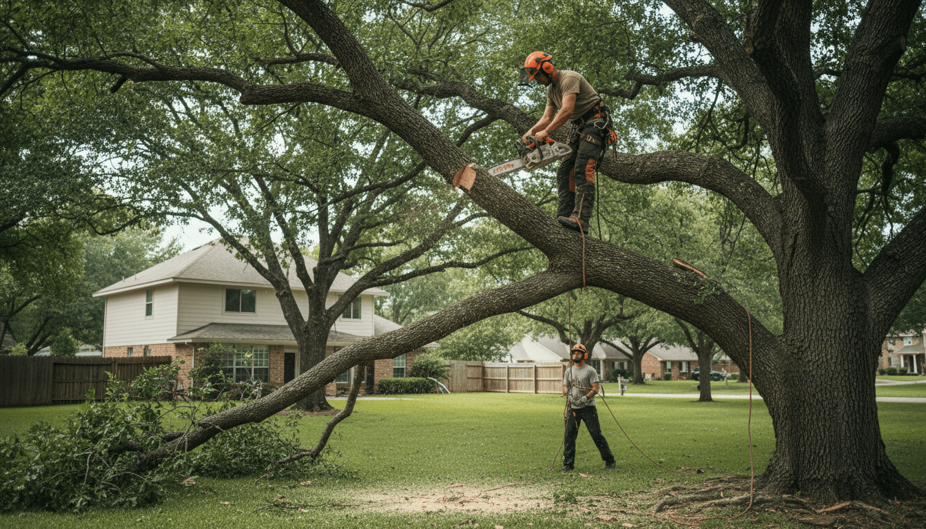 Professional arborist in safety gear cutting a tree branch with a chainsaw
