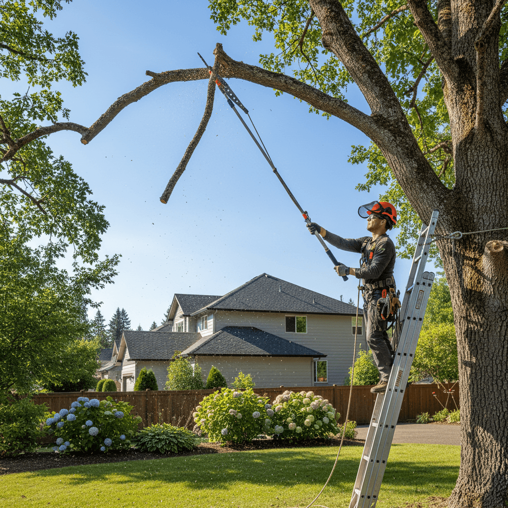 Worker cutting a dead branch from a large tree