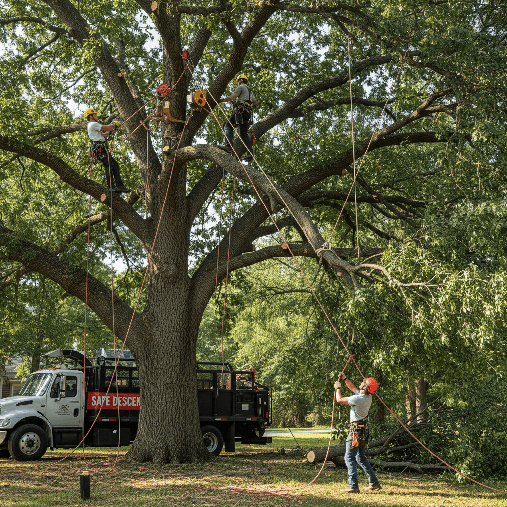 Tree removal crew using ropes to lower a large branch in a backyard