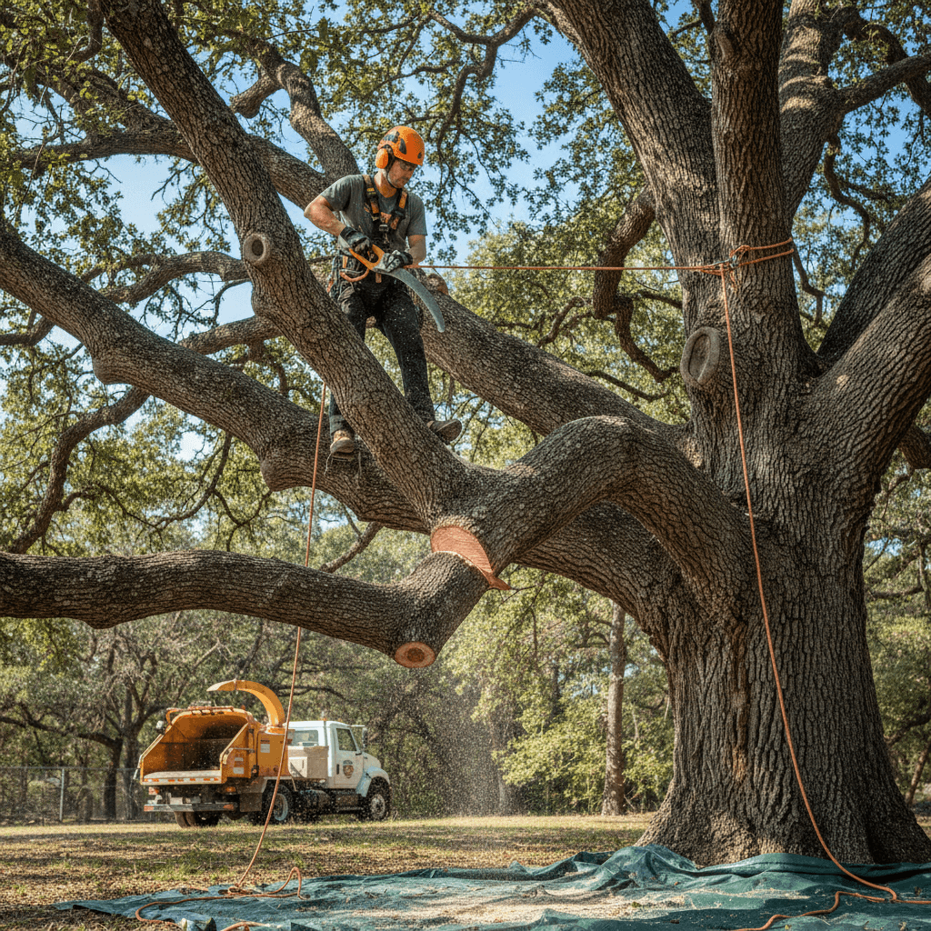 Professional arborist trimming a large tree branch with a handsaw