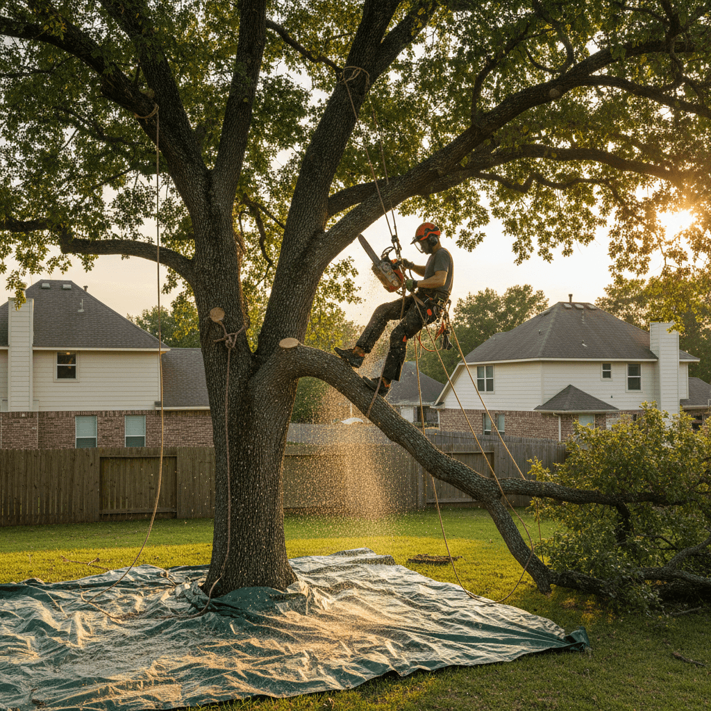 Arborist trimming tall tree with chainsaw in residential backyard