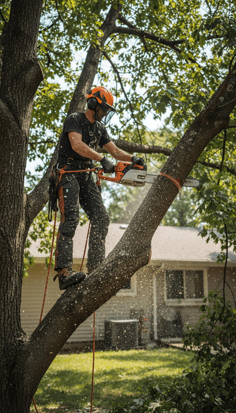 Arborist in safety gear cutting a large tree branch with a chainsaw