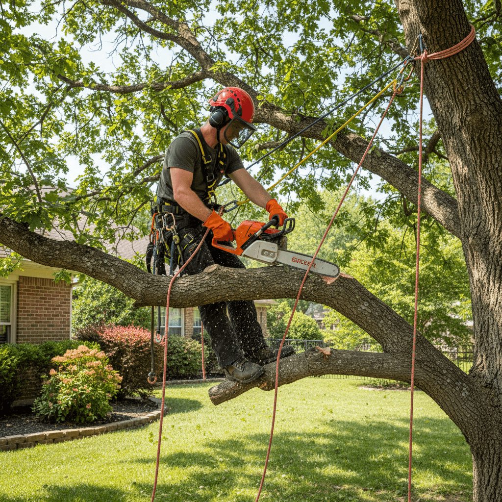 Arborist in safety gear cutting a large tree branch with a chainsaw while harnessed