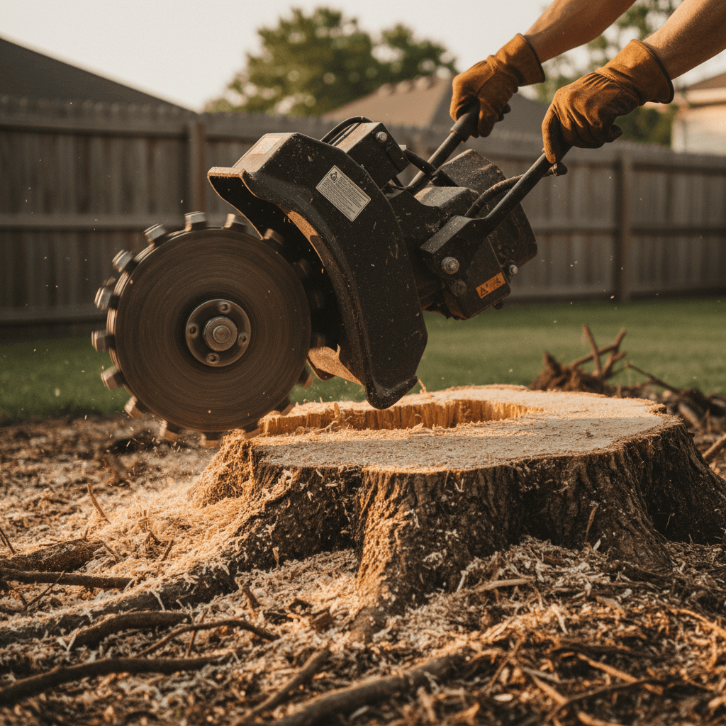 Stump grinder machine working on a large tree stump in a residential yard