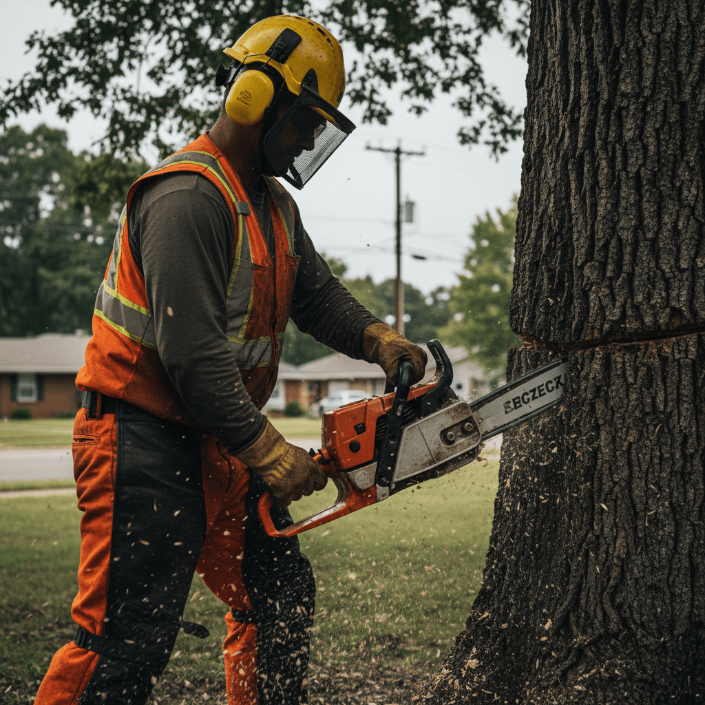 Tree service professional cutting a branch with a chainsaw