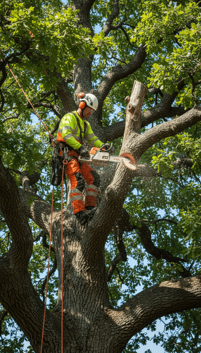 Arborist trimming a tall tree with professional equipment