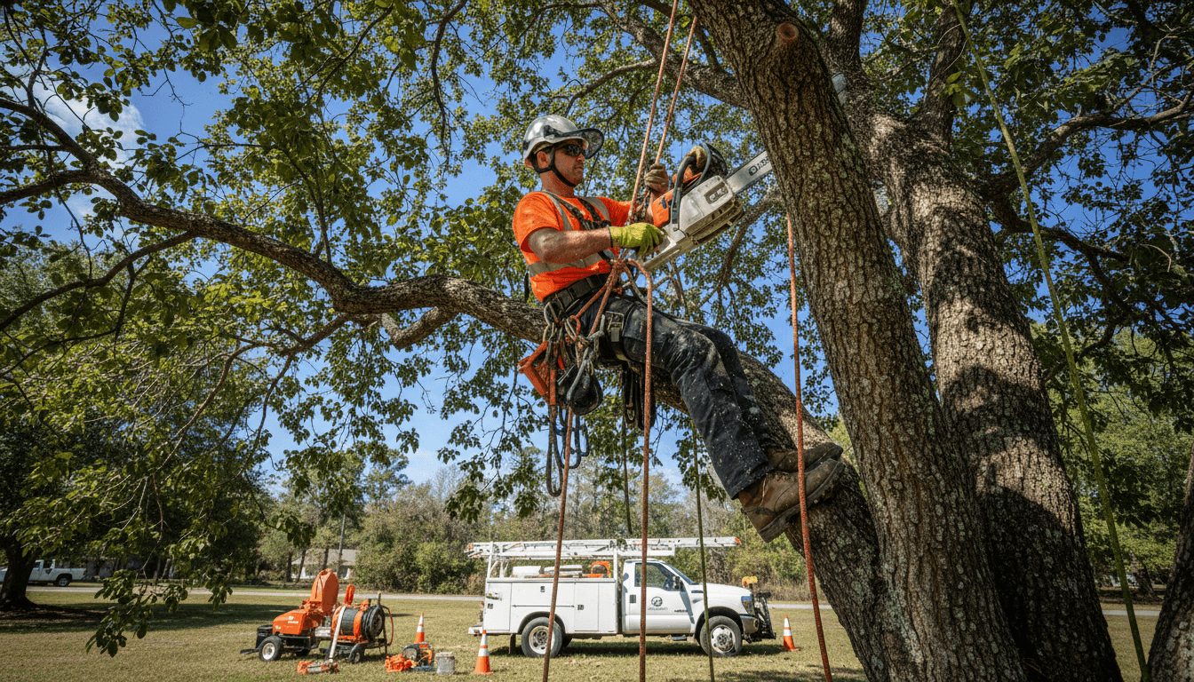 Arborist trimming high tree branches with a pole saw