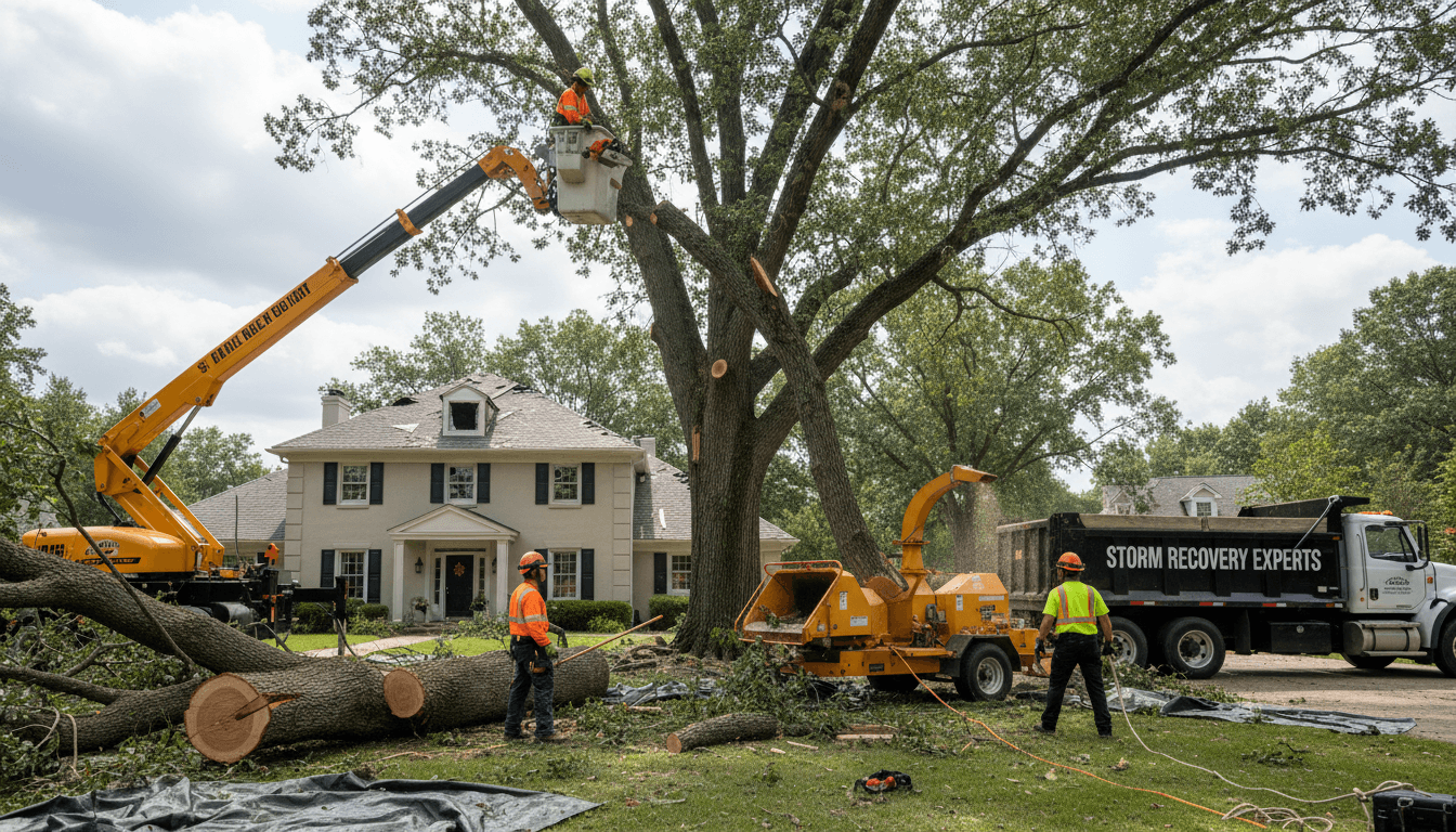 Tree service worker assessing a large fallen tree after a storm in a residential yard