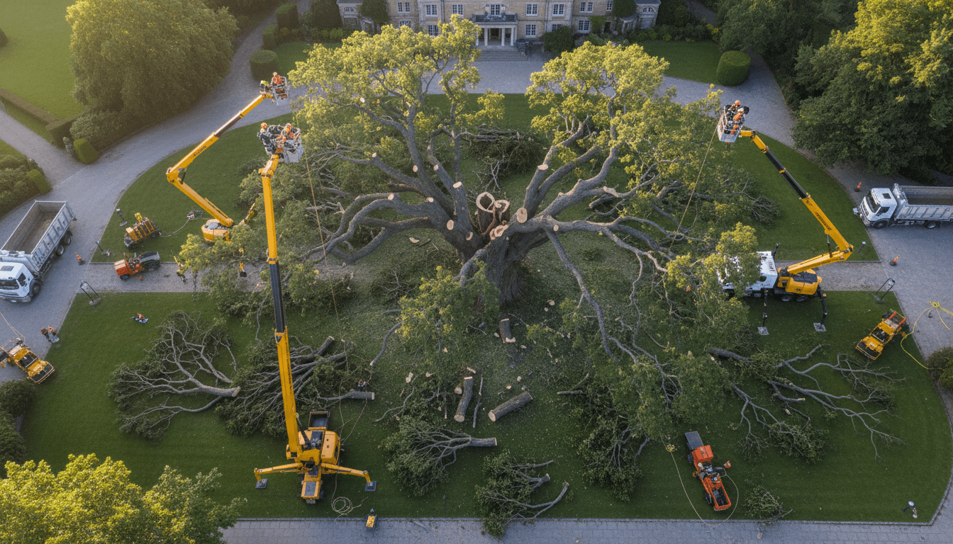 Trimmed trees along a residential street with utility lines